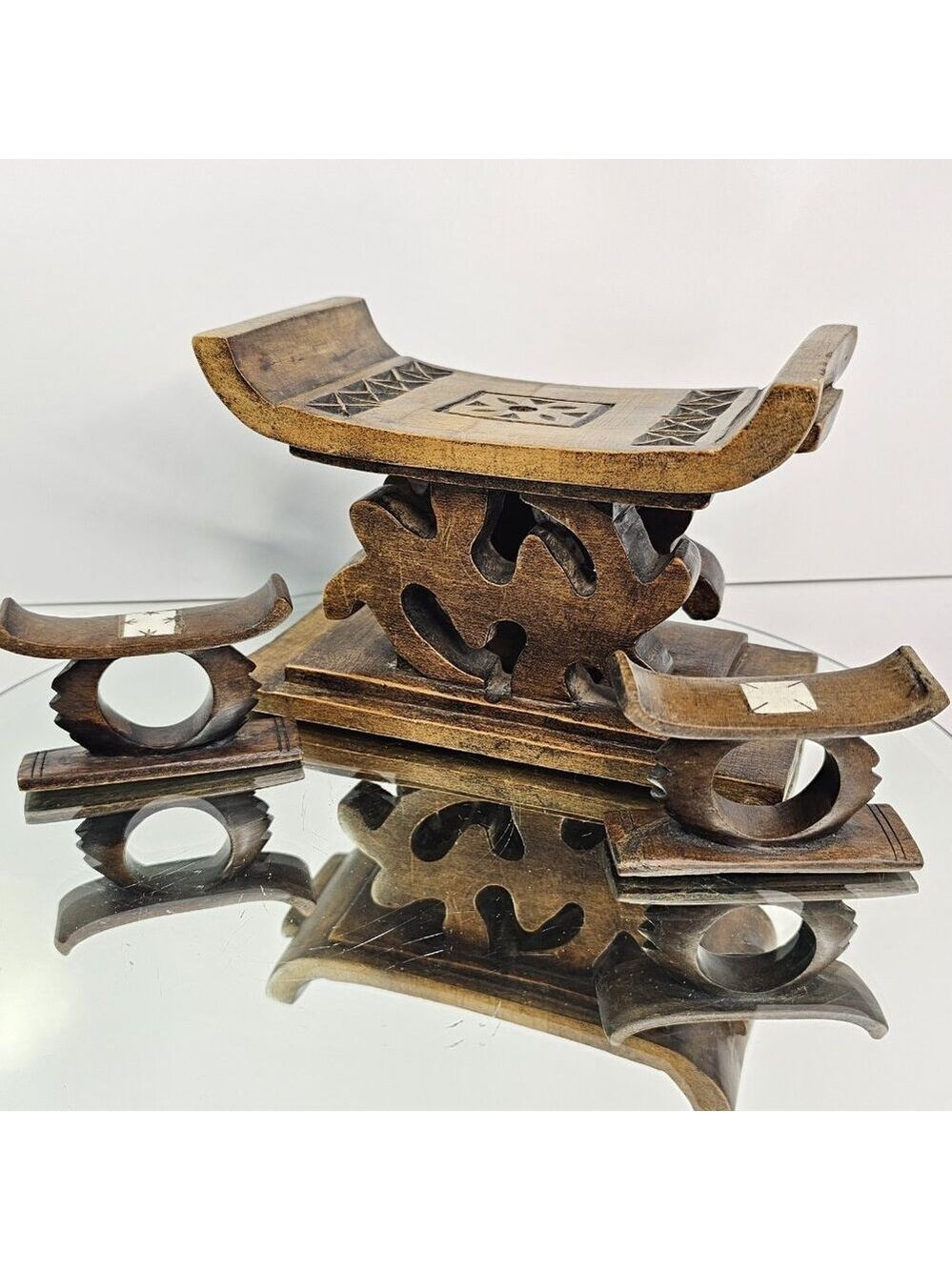 Vintage Ashanti Style Mini Wooden Stool Set 3 Piece Hand Carved Tribal Decor